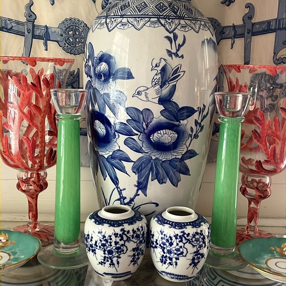 •🍒FINAL PRICE🍒VINTAGE PALM BEACH CHIC GLASS CANDLE HOLDER GREEN MAXIMALIST•